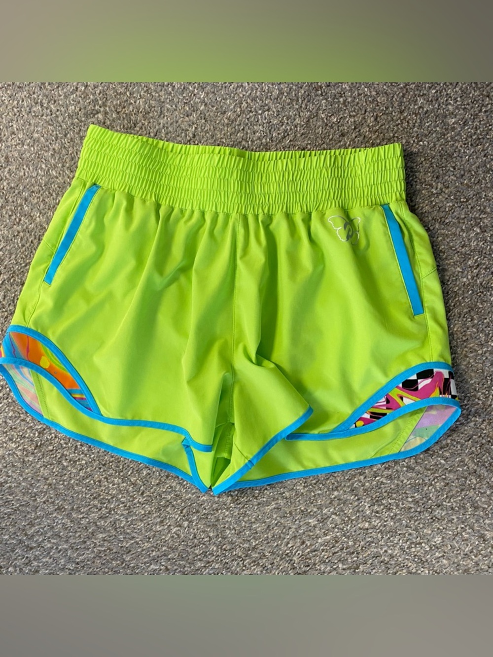 Peloton Brittany Allen Lined Shorts Neon Green Colorful Pockets EUC